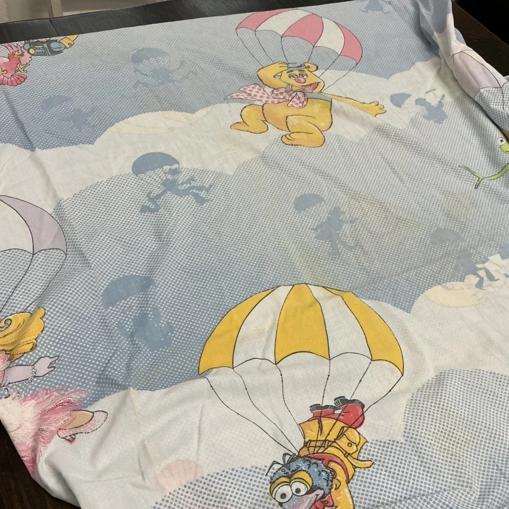 Vintage Muppet Babies Twin Fitted Flat Sheet Kermit Miss Piggy 1980s Blue Set